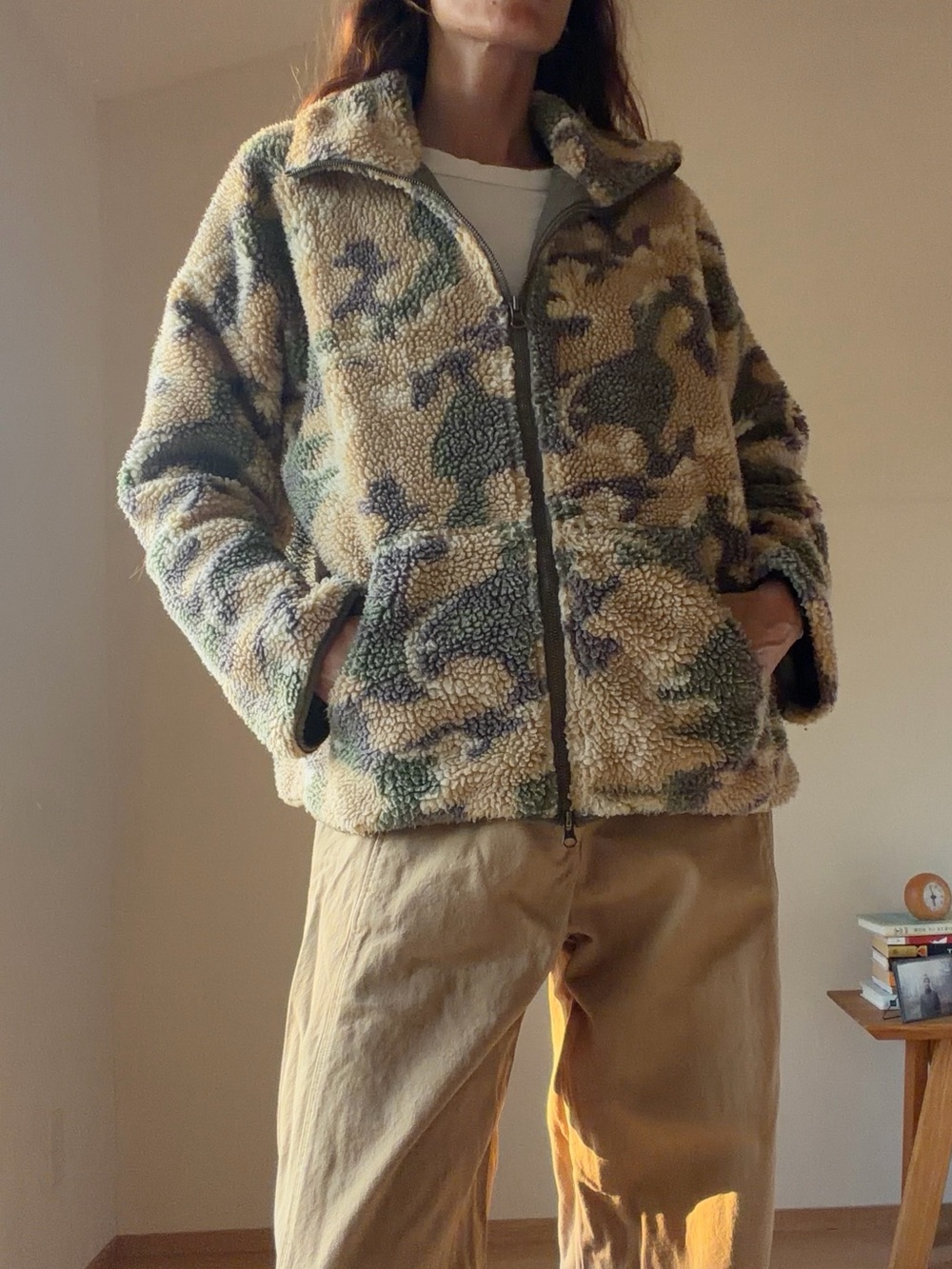 NSF Women's Beige & Green Camo Teddy Zip Jacket